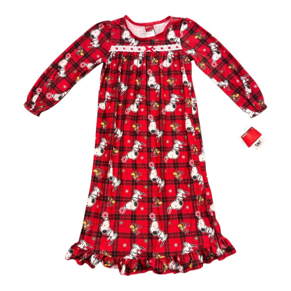Peanuts Snoopy Plaid Nightgown Pajamas‎ Red Flame Resistant Kids XS